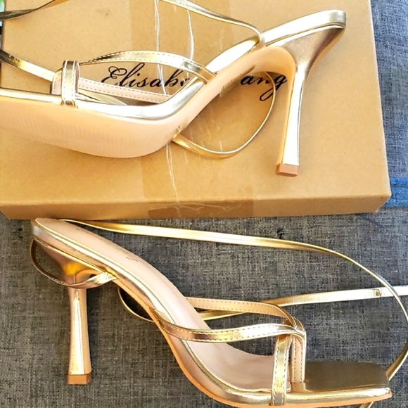 Elisabet Tang Gold Lace Up Square Open Toe Thong 4 inch Heeled SanDals Size 8.5 - Picture 3 of 12
